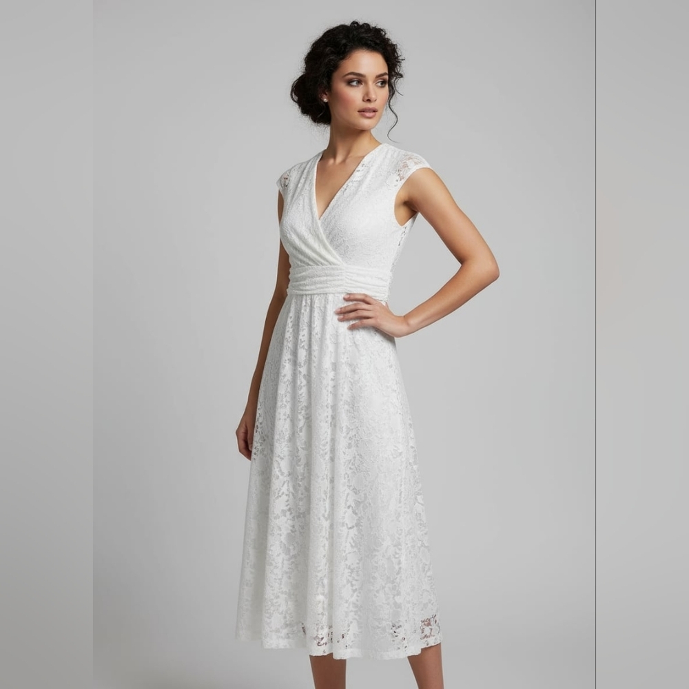 Sleeveless White Lace Pattern Dress By Perceptions New York V-Neckline Waist Tie